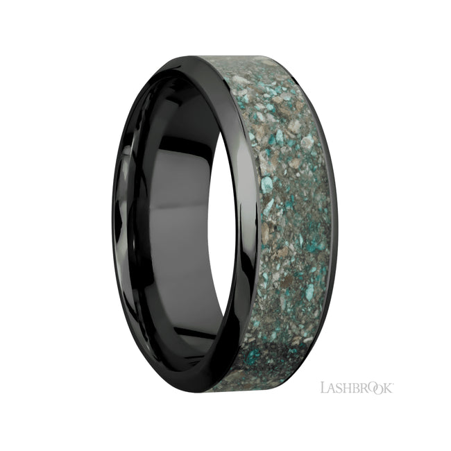 8 mm wide/High Bevel/Zirconium band with one 5 mm Centered inlay of Ocean Jasper.