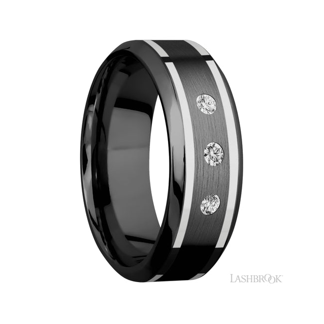 8 mm wide/High Bevel/Zirconium band with two 1 mm Wide inlays of 14K White Gold and featuring an arrangement of 3, .05 carat Round Diamond (ST) stones in a Flush setting