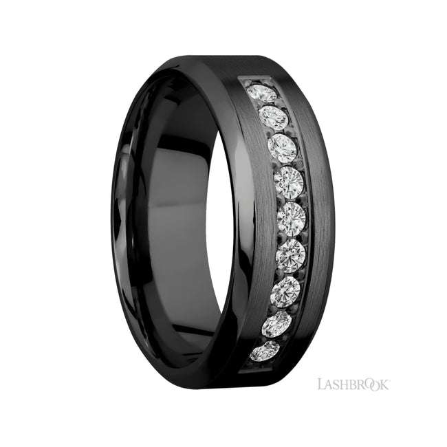 8 mm wide/High Bevel/Zirconium band with an arrangement of 9, .05 carat Round Diamond stones in a Bead setting.