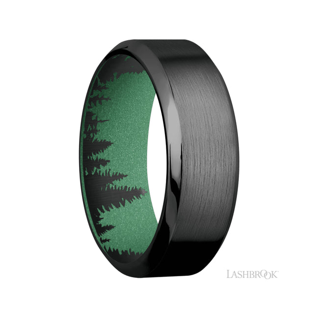 8 mm wide High Bevel Zirconium band featuring a Bright Nickel sleeve.