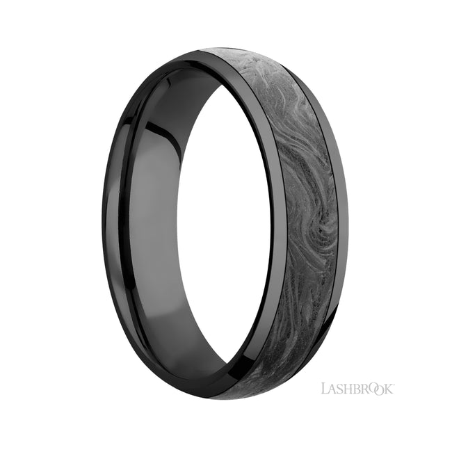 6 mm wide/Domed/Zirconium band with one 4 mm Centered inlay of Forged Carbon Fiber.