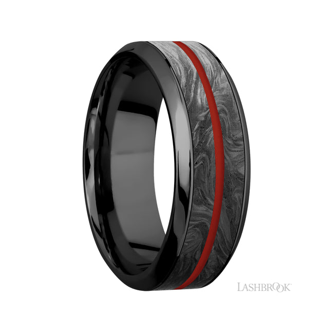 8 mm wide/High Bevel/Zirconium band featuring inlays of Forged Carbon Fiber and USMC Red.
