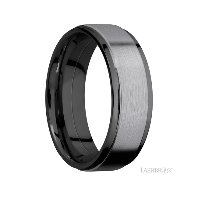 7 mm wide/Flat Grooved Edges/Zirconium band with one 5 mm Raised Centered inlay of Tantalum.