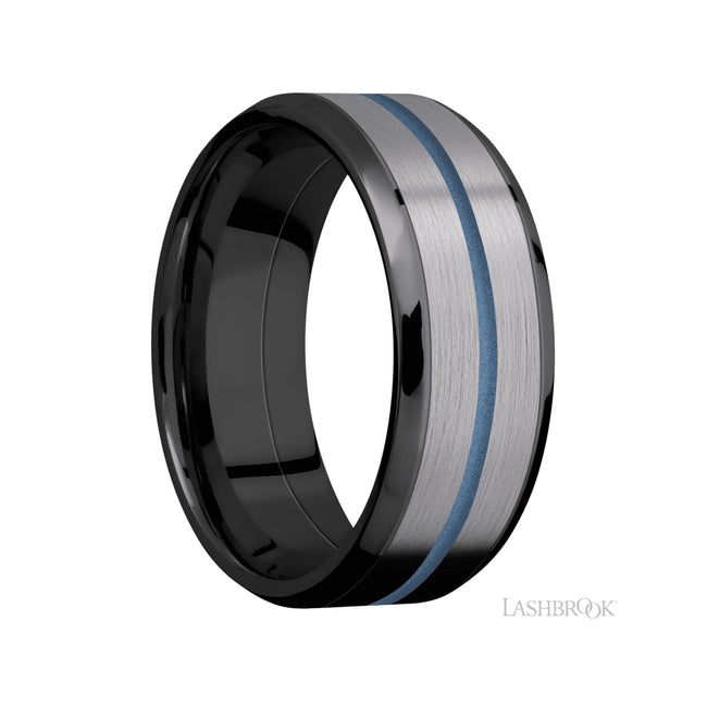 8 mm wide/Beveled/Zirconium band featuring inlays of Tantalum and Polar Blue.