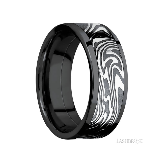 8 mm wide/Flat/Zirconium band with one 6 mm Centered inlay of Kinetic.