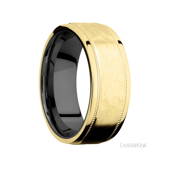 8 mm wide Flat Stepped Edges Milgrain 14K Yellow Gold band featuring a Zirconium sleeve.