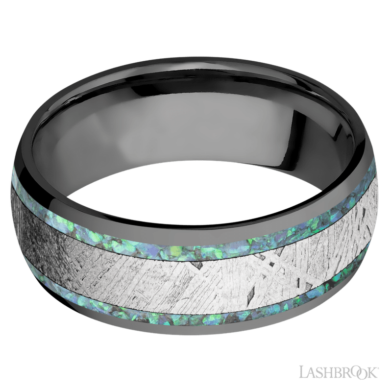 8 mm wide/Domed/Zirconium band featuring inlays of Teal Opal and Meteorite.