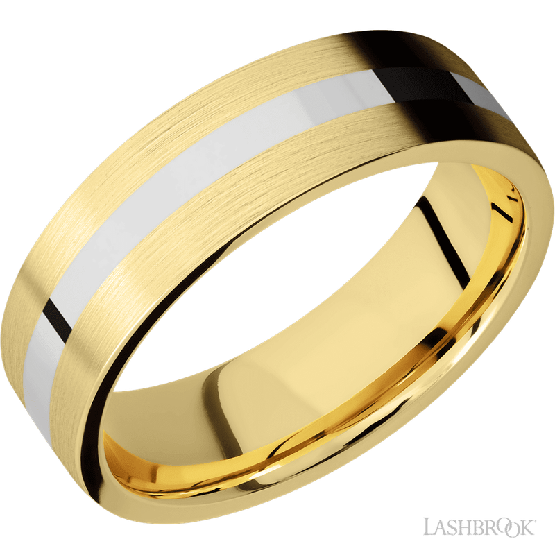 7 mm wide/Flat/14K Yellow Gold band with one 2 mm Centered inlay of 14K White Gold.