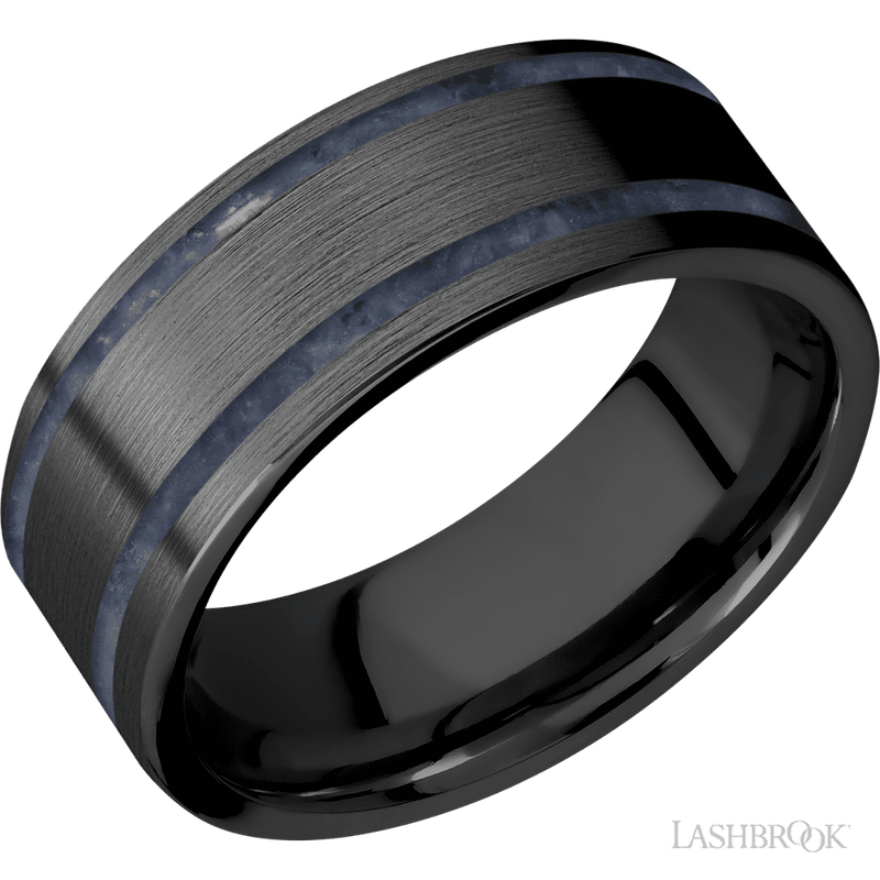 8 mm wide/Flat/Zirconium band with two 1 mm Wide inlays of Sodalite.