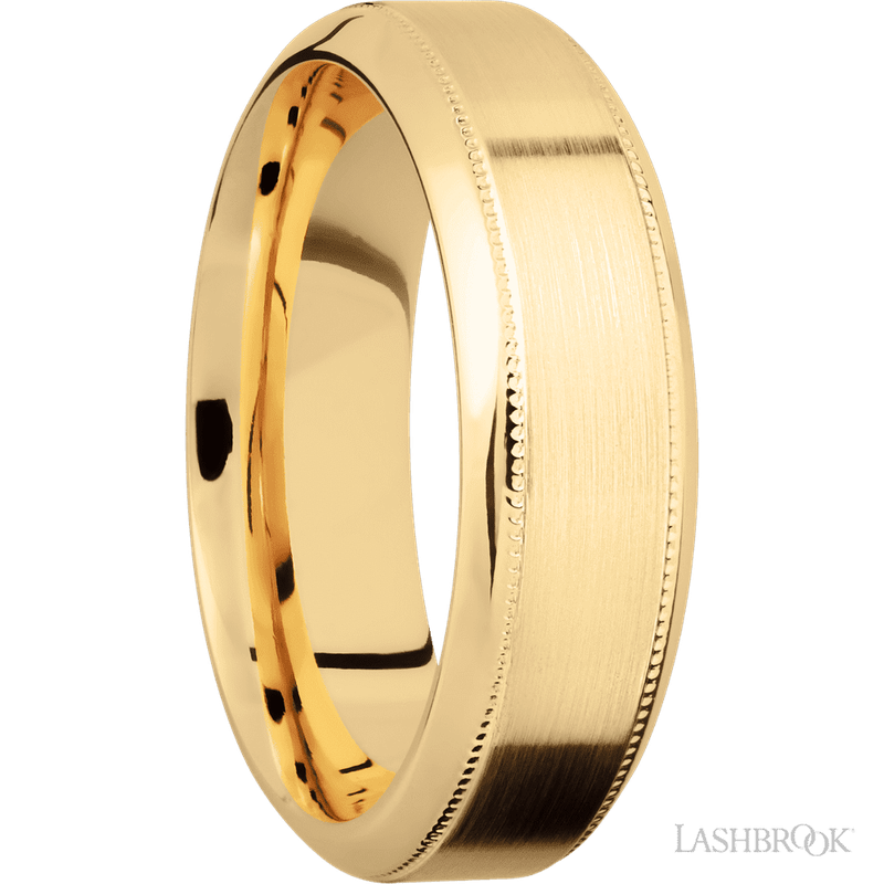 7 mm wide High Bevel Milgrain 14K Yellow Gold band.