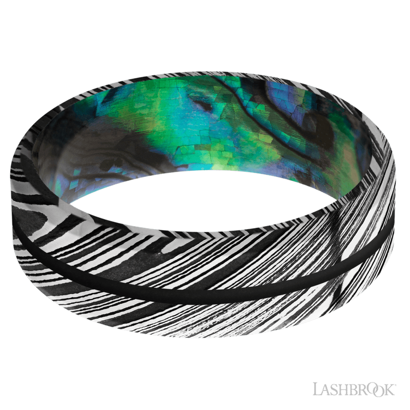 7 mm wide/Beveled/Woodgrain band with one 1 mm Centered inlay of Black also featuring a Abalone sleeve.