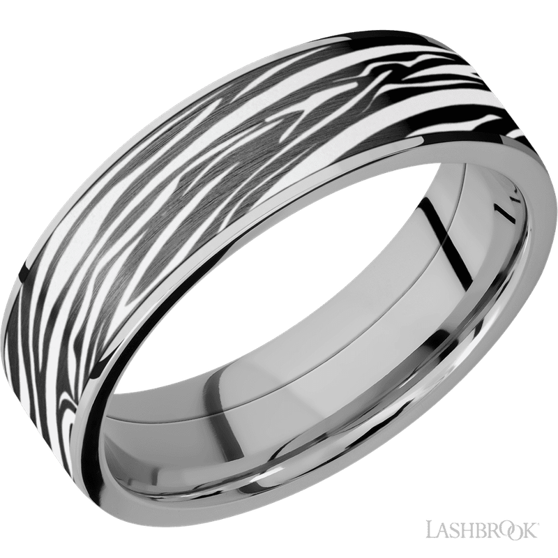 7 mm wide/Flat/Titanium band with one 6 mm Centered inlay of Zirconium with a laser carved Zebra pattern.