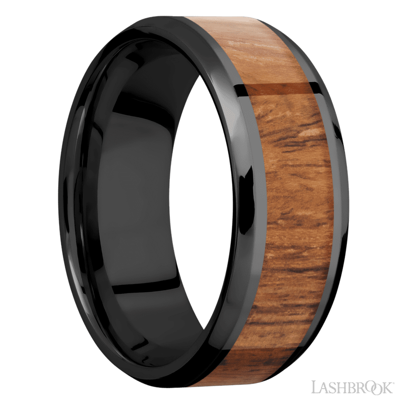 8 mm wide/Beveled/Zirconium band with one 5 mm Centered inlay of Desert Iron Wood.
