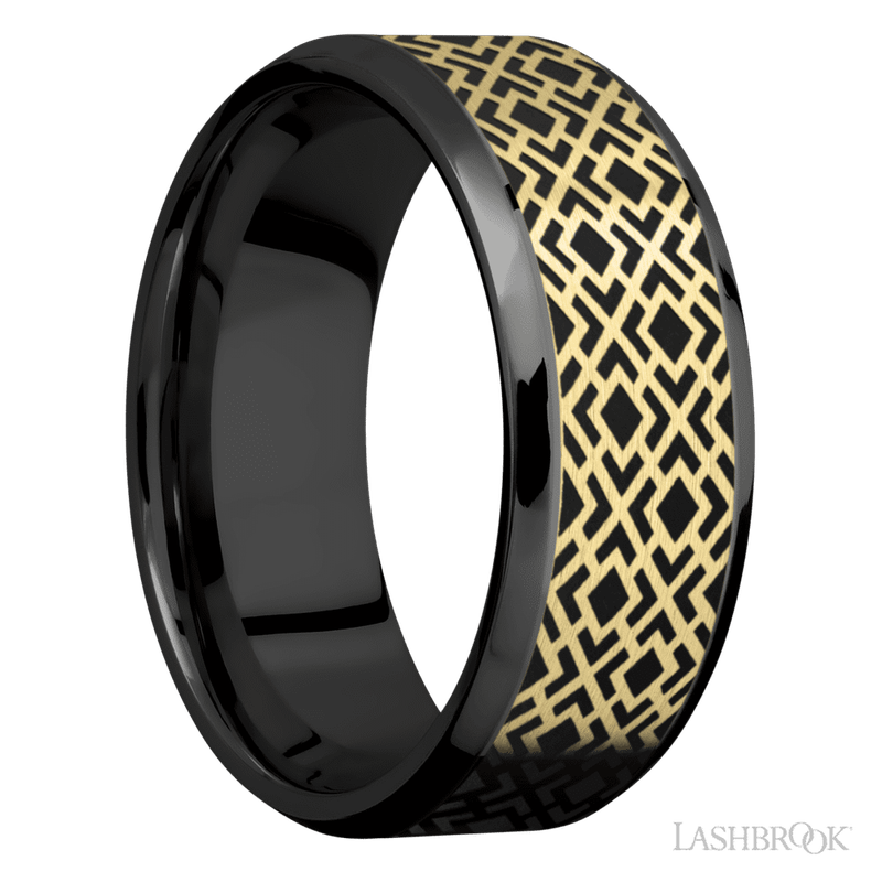 8 mm wide/Beveled/Zirconium band with one 6 mm Centered inlay of 14K Yellow Gold with a laser carved Trellis 2 pattern.