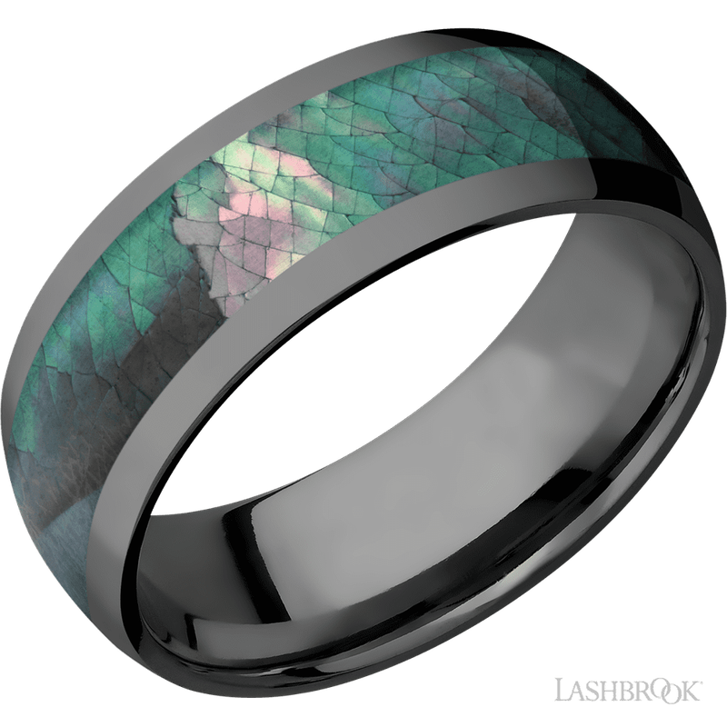 8 mm wide/Domed/Zirconium band with one 5 mm Centered inlay of Black Mother of Pearl.