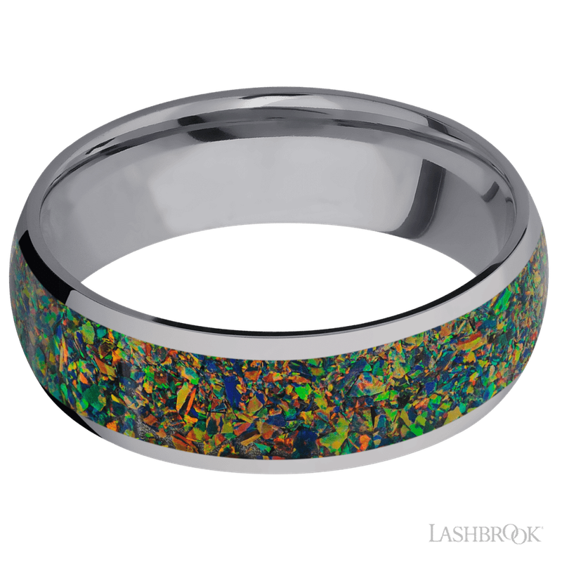 7 mm wide/Domed/Tantalum band with one 5 mm Centered inlay of Black Opal.